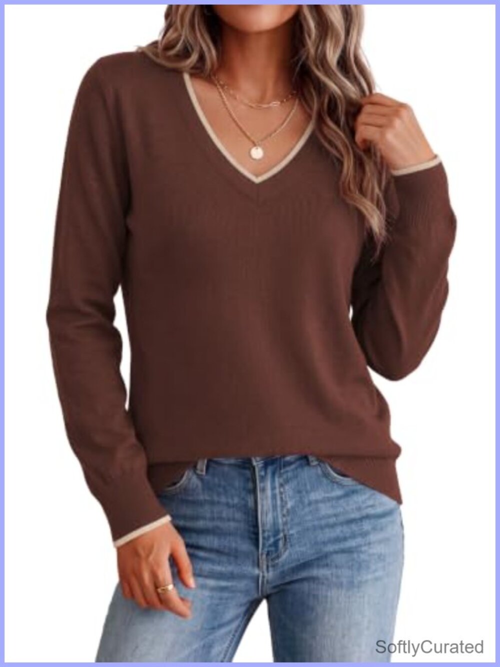 V Neck Long Sleeve Knit Pullover Sweater Relaxed Fit